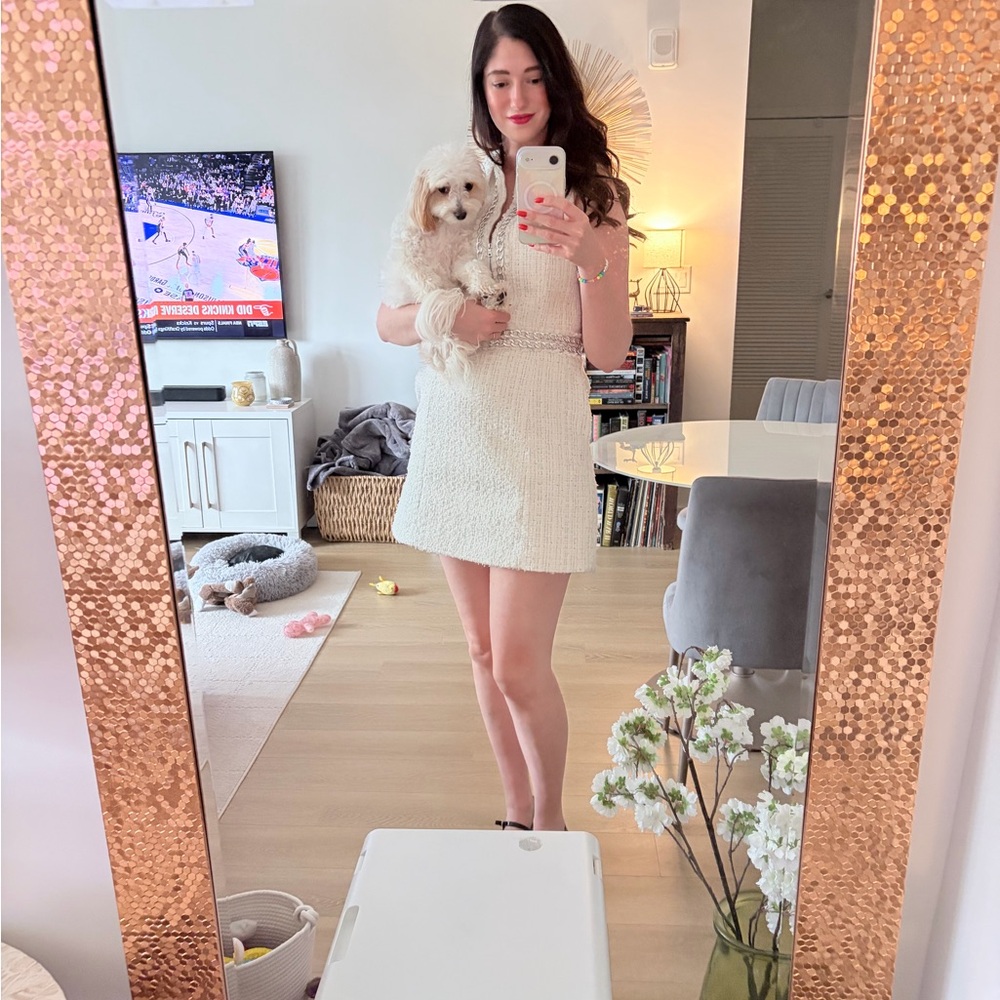Alice + Olivia White Tweed Mini Dress with Silver Chain Trim - Picture 5 of 6